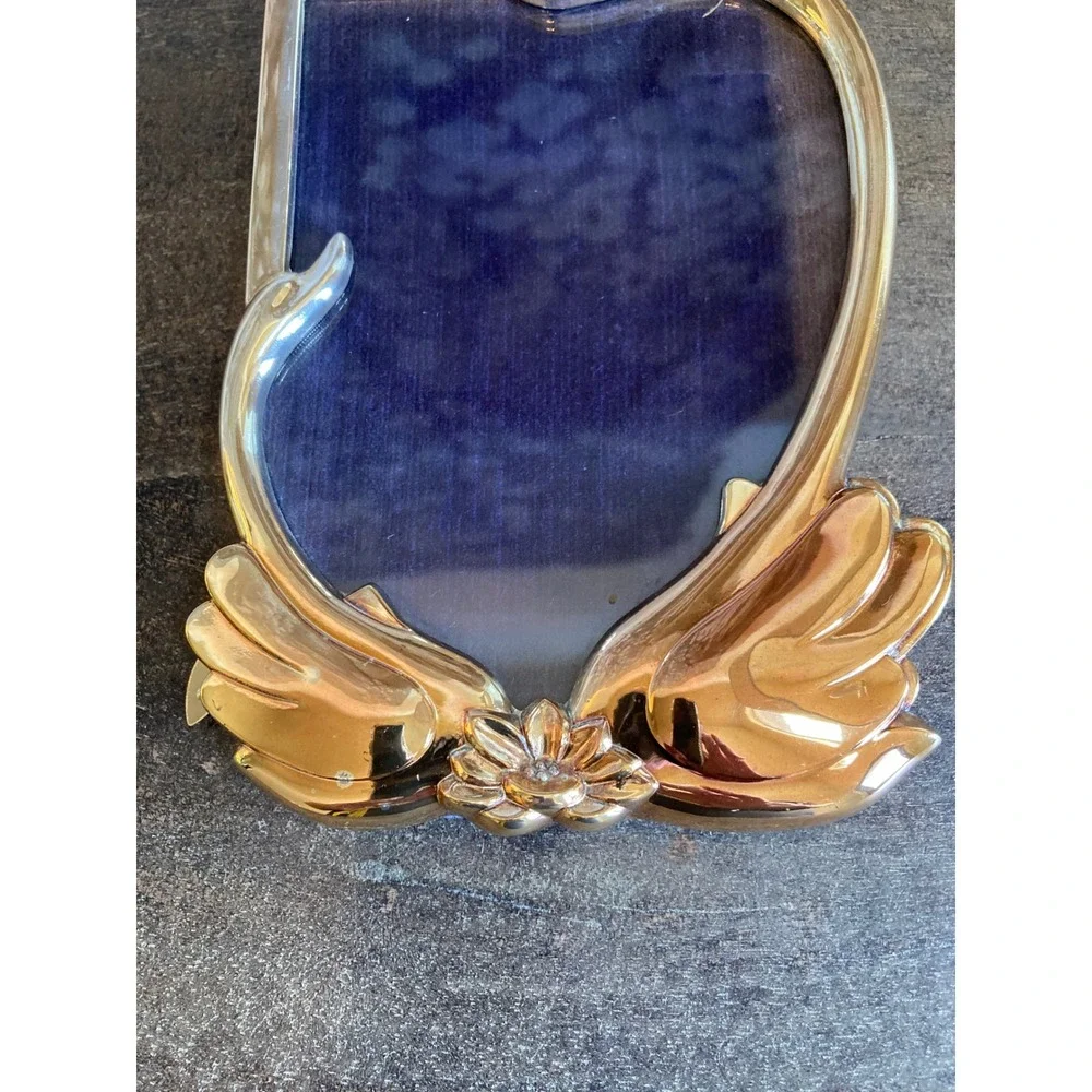 Gold Tone Swan Floral Picture Frame Art Deco Hollywood Regency Tabletop 5x7